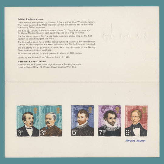Great Britain 1973 British Explorers presentation folder signed by the stamp designer
