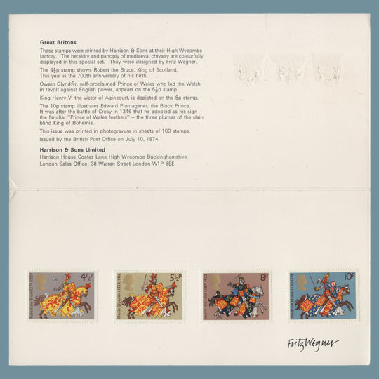 Great Britain 1974 Medieval Warriors presentation folder signed by Fritz Wegner