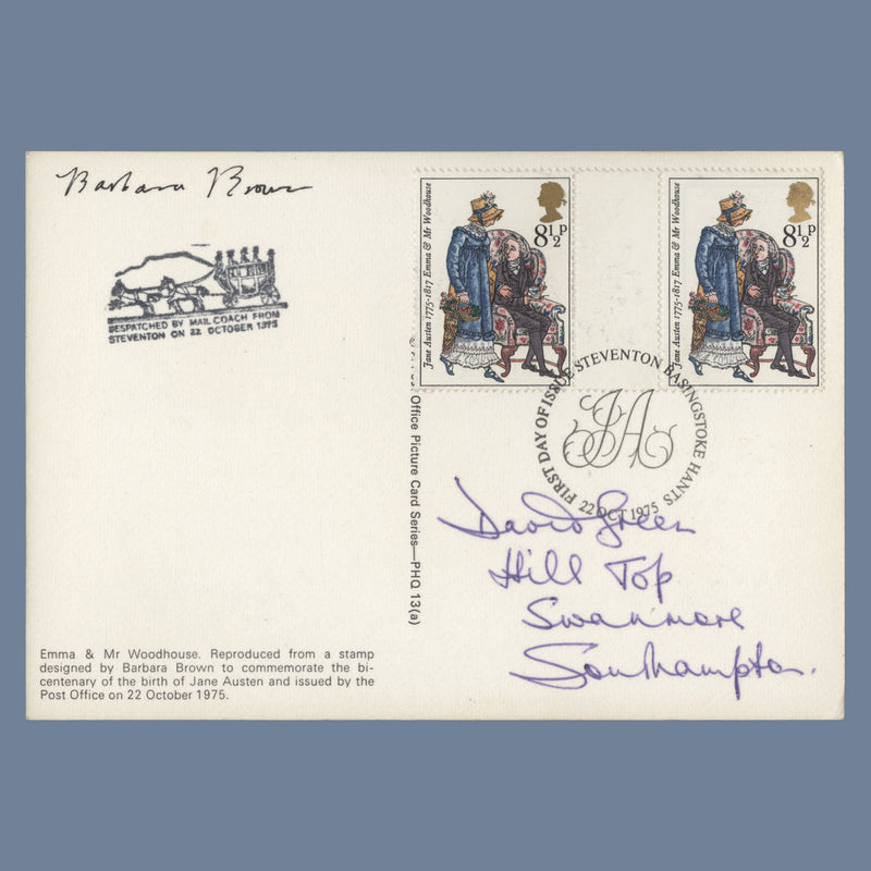 Great Britain 1975 Jane Austen Bicentenary first day PHQ card signed by designer
