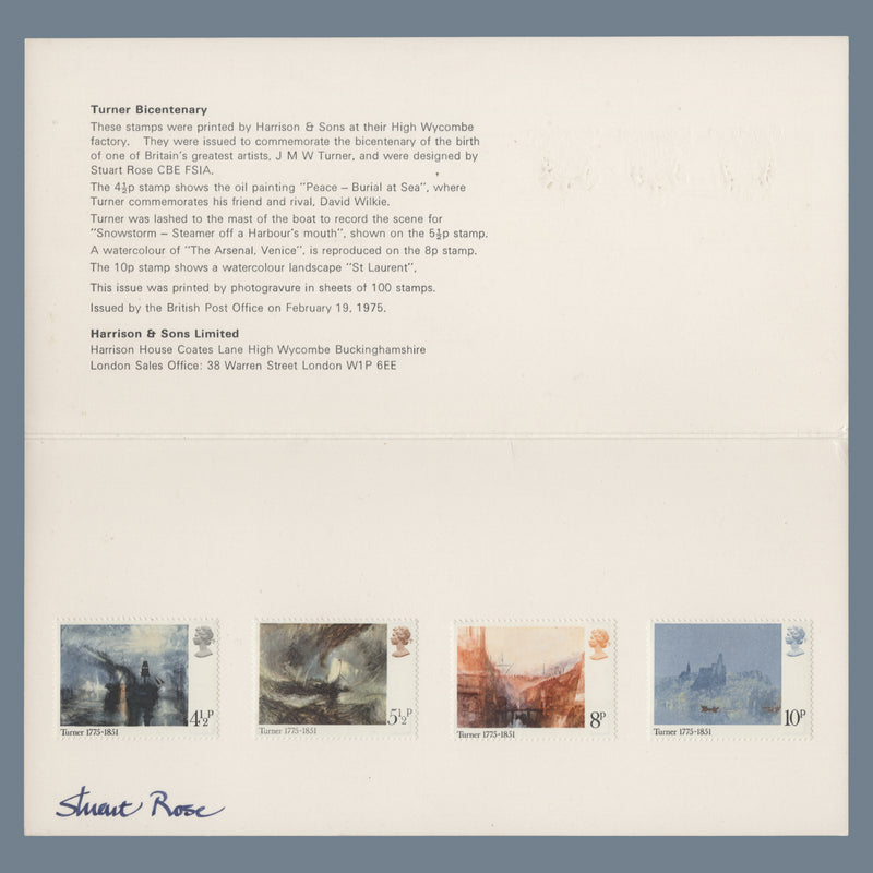 Great Britain 1975 Turner Birth Bicentenary presentation folder signed by Stuart Rose
