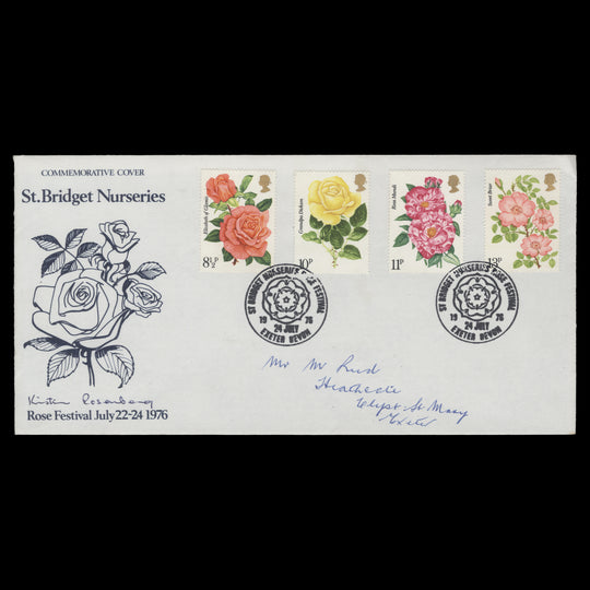 Great Britain 1976 St Bridget Nurseries Rose Festival cover signed by stamp designer
