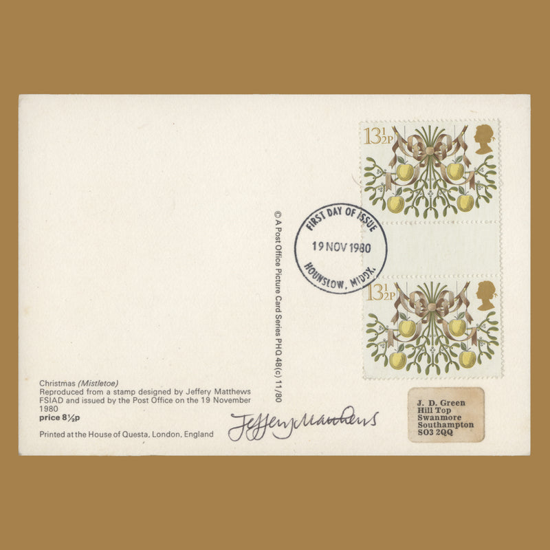 Great Britain 1980 Christmas first day PHQ card signed by Jeffery Matthews