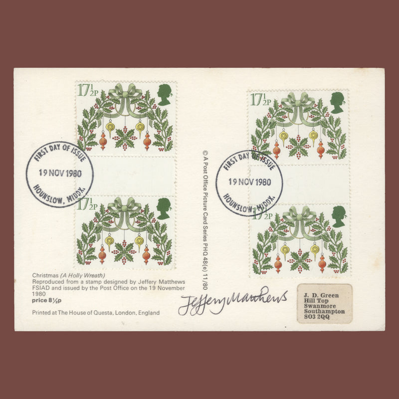 Great Britain 1980 Christmas first day PHQ card signed by designer