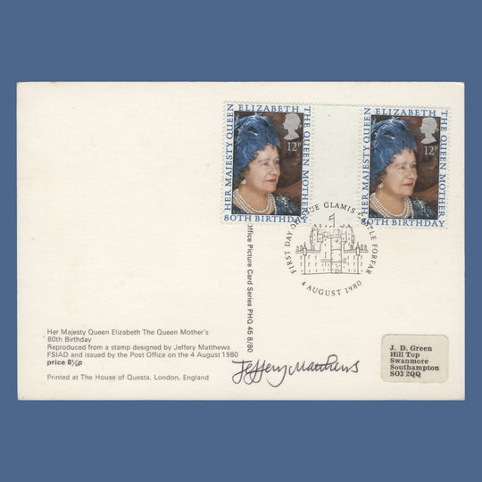 Great Britain 1980 Queen Mother's Birthday first day PHQ card signed by designer