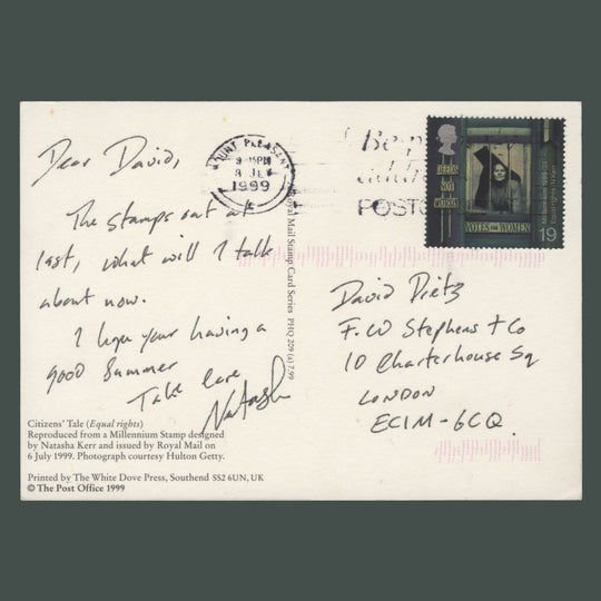 Great Britain 1999 Equal Rights/The Citizens' Tale PHQ card signed by designer
