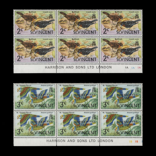 Grenadines of St Vincent 1974 (MNH) Birds provisionals imprint blocks, local