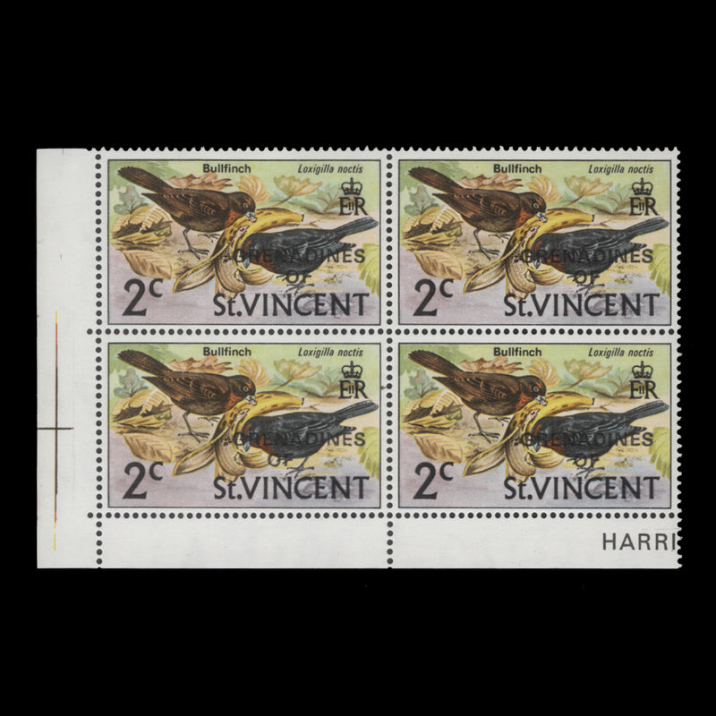 Grenadines of St Vincent 1974 (Variety) 2c Bullfinches with off-centre 'OF' of overprint