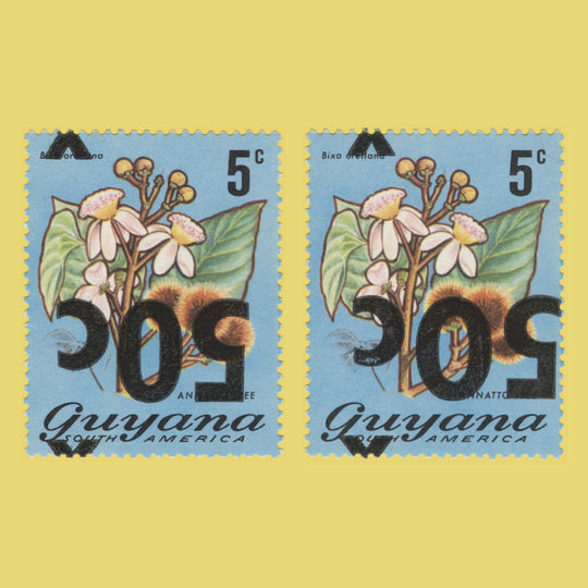 Guyana 1981 (Variety) 50c/5c Annatto Tree provisionals with inverted surcharge, normal and wide '0'