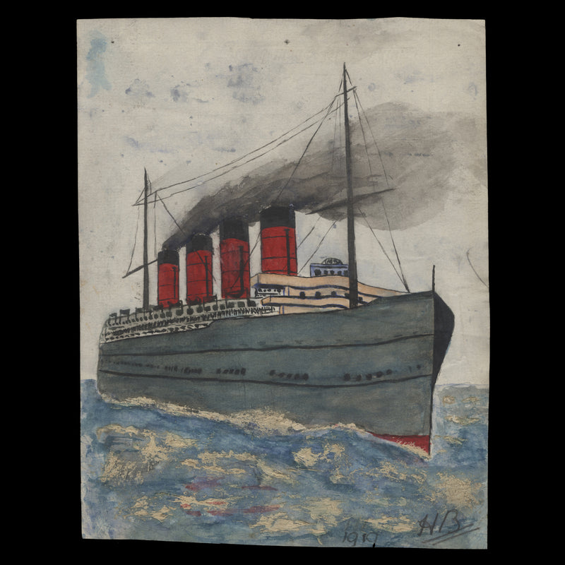 Cunard Line Four-Funnel Ocean Liner watercolour by Harold J Bard aged 11