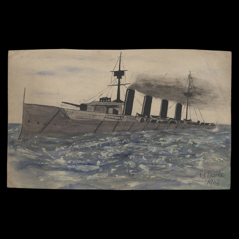 Duke of Edinburgh-Class Cruiser watercolour by Harold J Bard aged 11