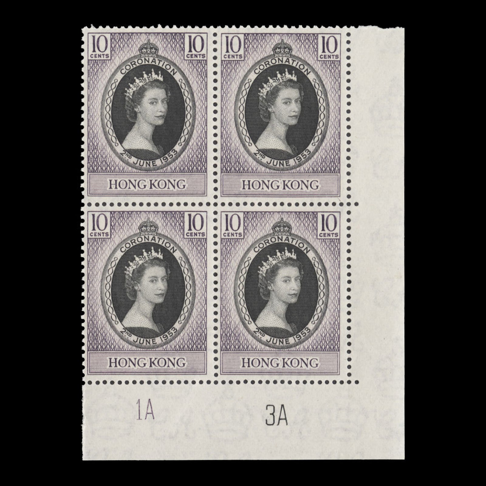 Hong Kong 1953 (MNH) 10c Coronation plate 1A–3A block – ZEBOOSE.COM