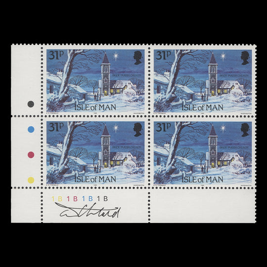 Isle of Man 1985 (MNH) 31p Christmas/Manx Churches block signed by designer