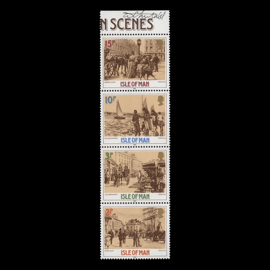 Isle of Man 1987 Victorian Scenes strip from booklet sheet signed by Tony Theobald