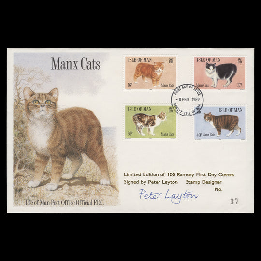 Isle of Man 1989 Manx Cats first day cover signed by Peter Layton