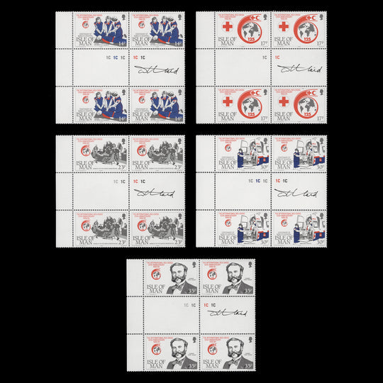 Isle of Man 1989 (MNH) Red Cross Anniversary plate blocks signed by designer