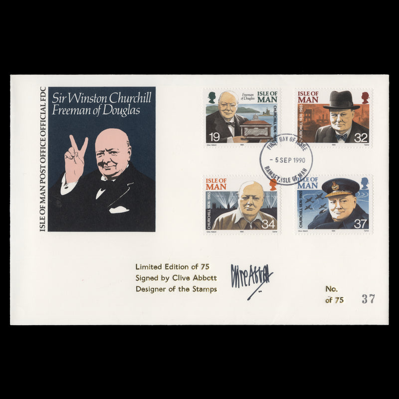Isle of Man 1990 Churchill Death Anniversary first day cover signed by designer
