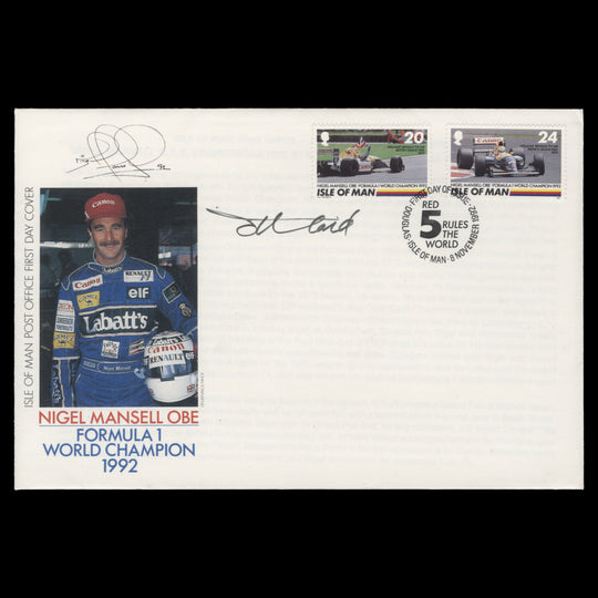Isle of Man 1992 Nigel Mansell Formula 1 Champion first day cover signed by designer