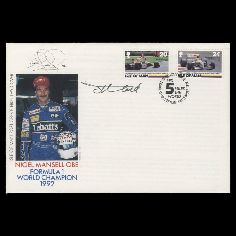 Isle of Man 1992 Nigel Mansell Formula 1 Champion first day cover signed by designer