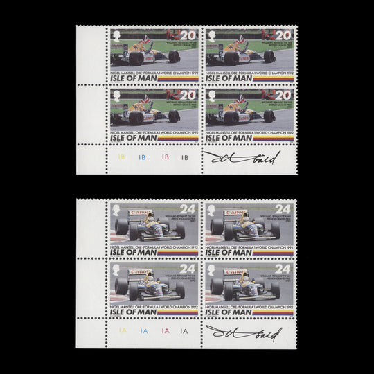 Isle of Man 1992 (MNH) Nigel Mansell Formula 1 Champion plate blocks signed by designer