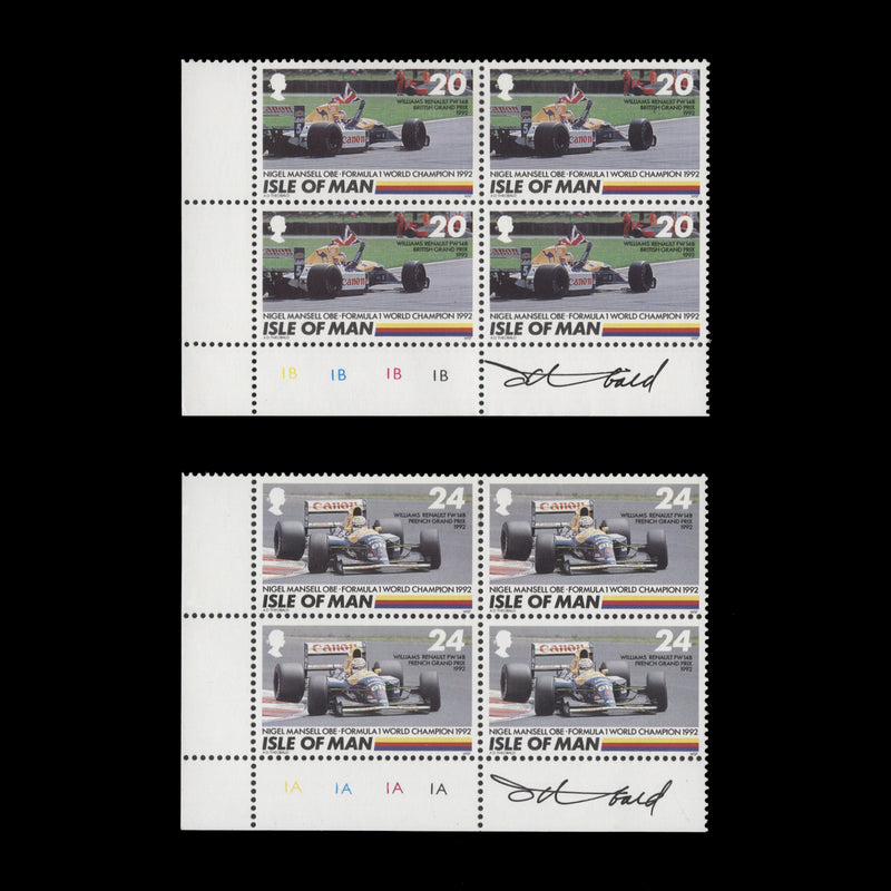 Isle of Man 1992 (MNH) Nigel Mansell Formula 1 Champion plate blocks signed by designer