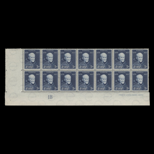 Ireland 1957 (MNH) 3d Luke Wadding Death Anniversary imprint/plate 1B block
