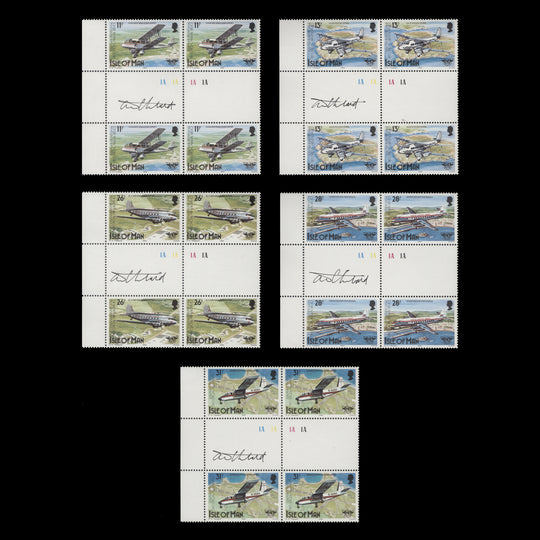 Isle of Man 1984 Airmail Anniversary gutter plate blocks signed by Tony Theobald