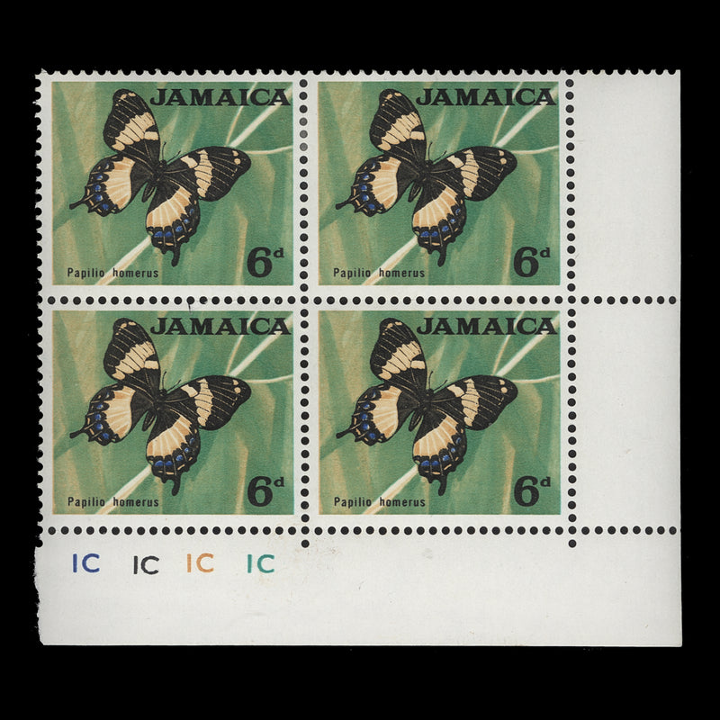 Jamaica 1964 (MNH) 6d Papilio Homerus plate 1C–1C–1C–1C block