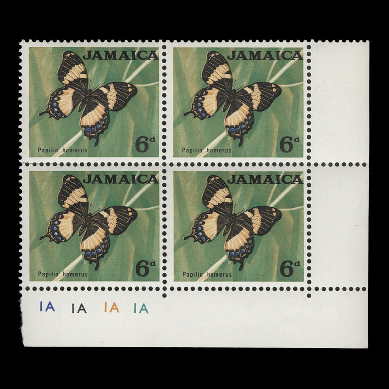 Jamaica 1964 (MNH) 6d Papilio Homerus plate 1A–1A–1A–1A block