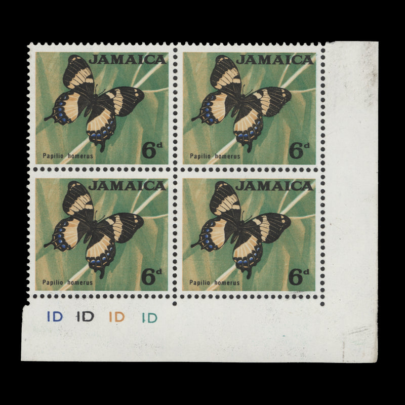 Jamaica 1964 (MNH) 6d Papilio Homerus plate 1D–1D–1D–1D block, gum arabic