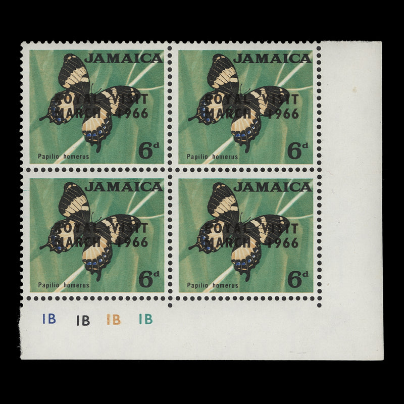 Jamaica 1966 (MNH) 6d Royal Visit plate 1B–1B–1B–1B block