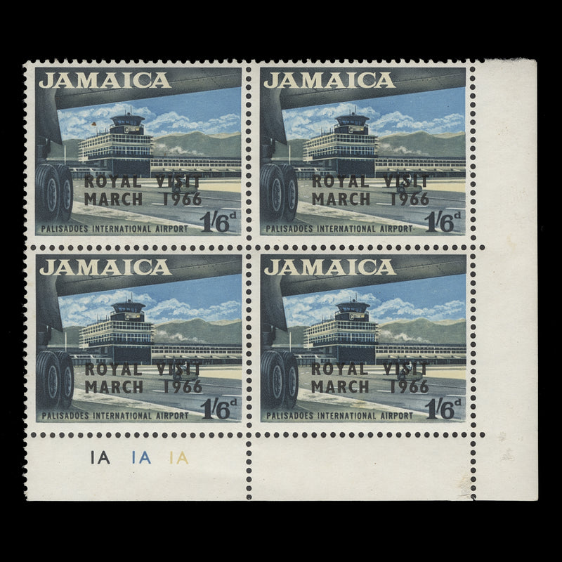Jamaica 1966 (MNH) 1s6d Royal Visit plate 1A–1A–1A block