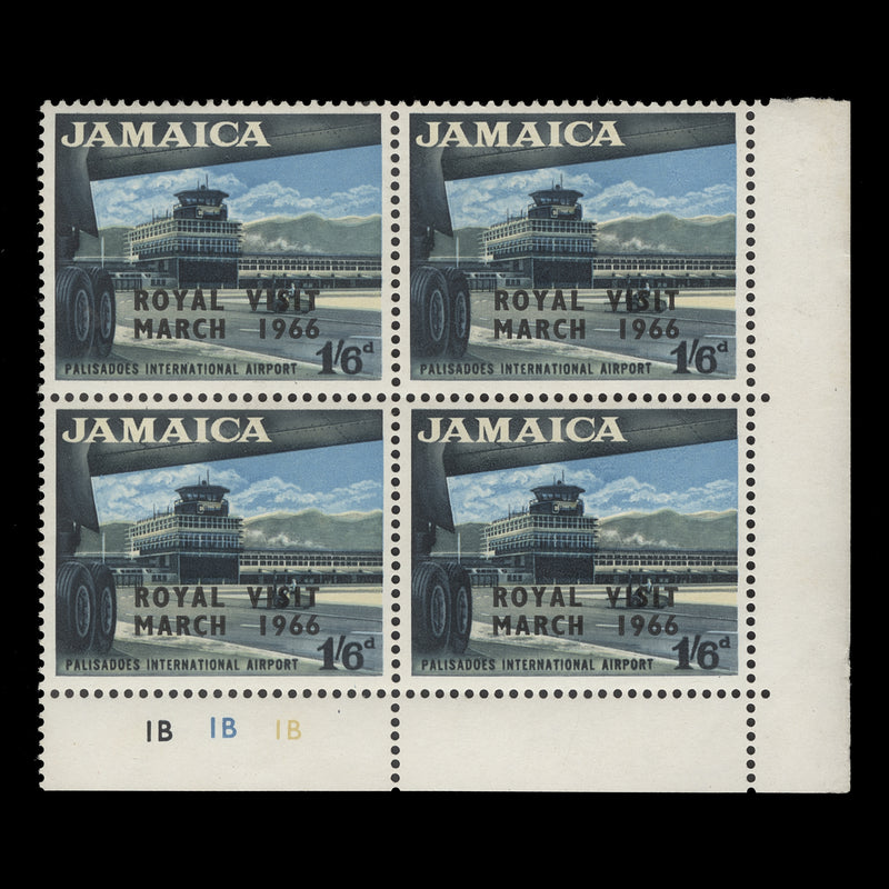 Jamaica 1966 (MNH) 1s6d Royal Visit plate 1B–1B–1B block