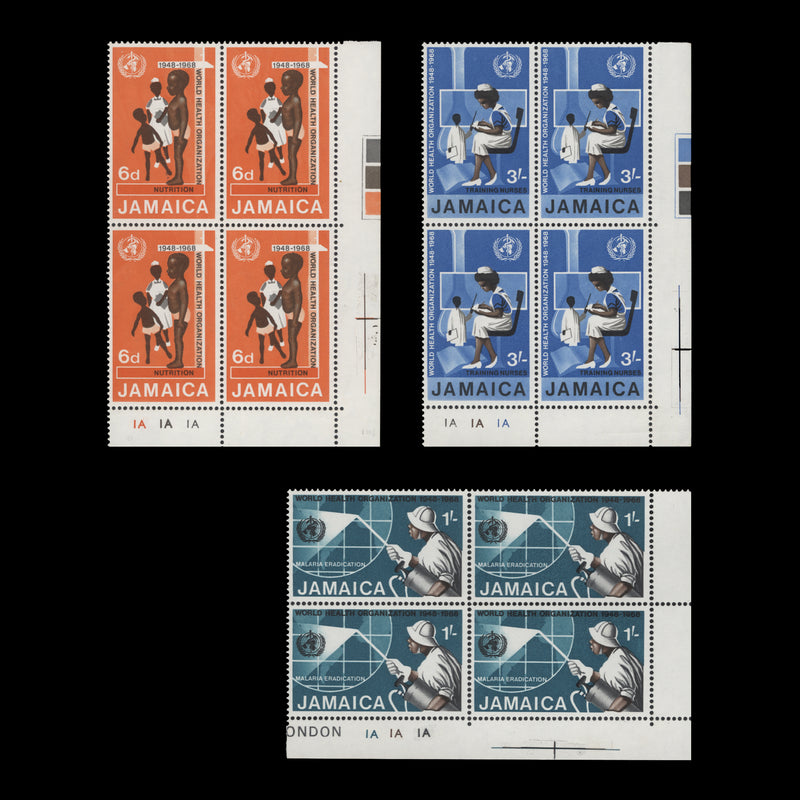 Jamaica 1969 (MNH) WHO Anniversary plate 1A–1A–1A blocks