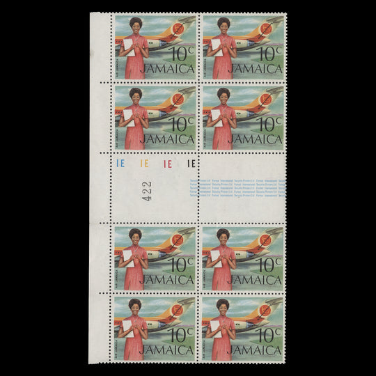Jamaica 1972 (MNH) 10c Air Jamaica gutter plate 1E–1E–1E–1E block