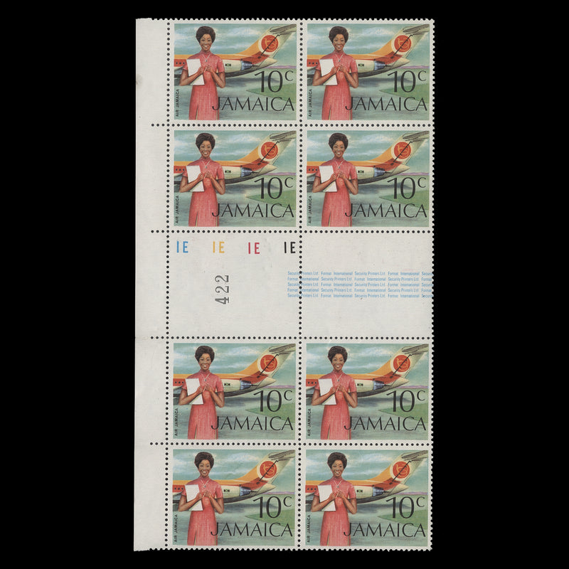 Jamaica 1972 (MNH) 10c Air Jamaica gutter plate 1E–1E–1E–1E block