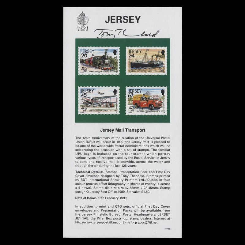Jersey 1999 Mail Transport promotional flyer signed by Tony Theobald