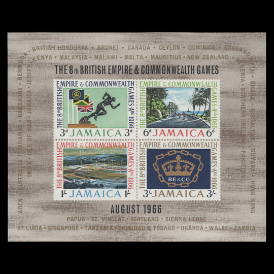 Jamaica 1966 (Variety) Empire & Commonwealth Games miniature sheet with light brown shift