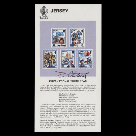 Jersey 1985 International Youth Year promotional flyer signed by Tony Theobald
