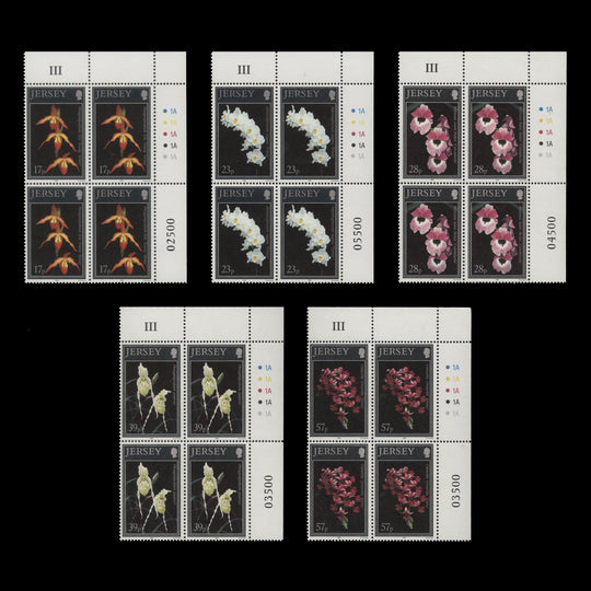 Jersey 1993 (MNH) Orchids traffic light/plate blocks