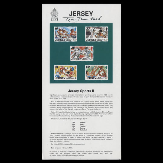 Jersey 1996 Sporting Anniversaries promotional flyer signed by Tony Theobald