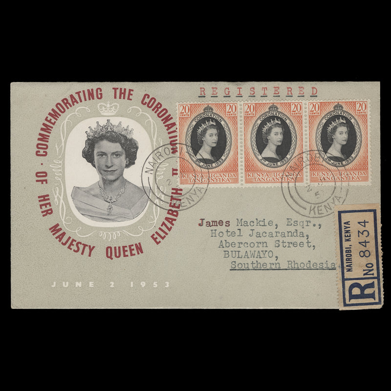 Kenya Uganda Tanganyika 1953 (FDC) 20c Coronation strip, NAIROBI