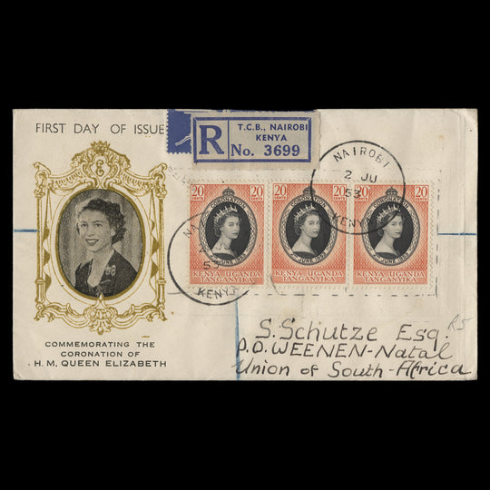 Kenya Uganda Tanganyika 1953 (FDC) 20c Coronation strip, NAIROBI
