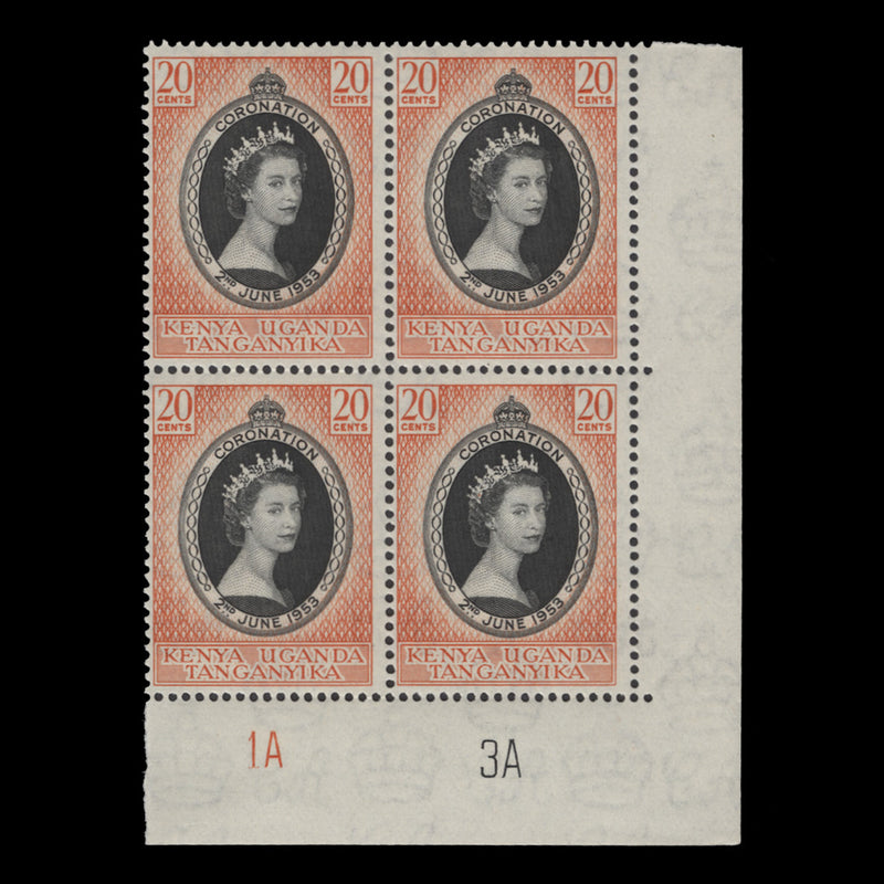 Kenya Uganda Tanganyika 1953 (MNH) 20c Coronation plate 1A–3A block