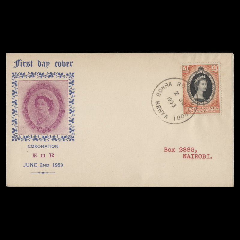 Kenya Uganda Tanganyika 1953 (FDC) 20c Coronation, BOHRA RD