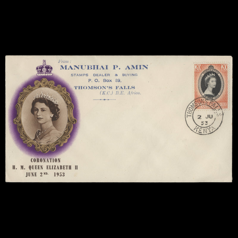 Kenya Uganda Tanganyika 1953 (FDC) 20c Coronation, THOMSONS FALLS