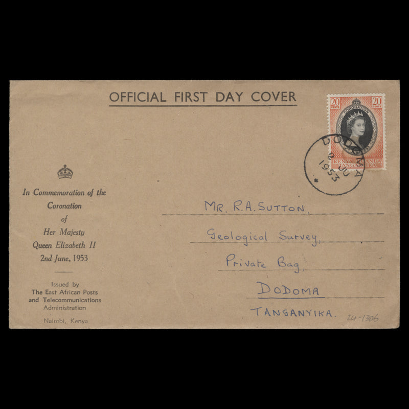 Kenya Uganda Tanganyika 1953 (FDC) 20c Coronation, DODOMA