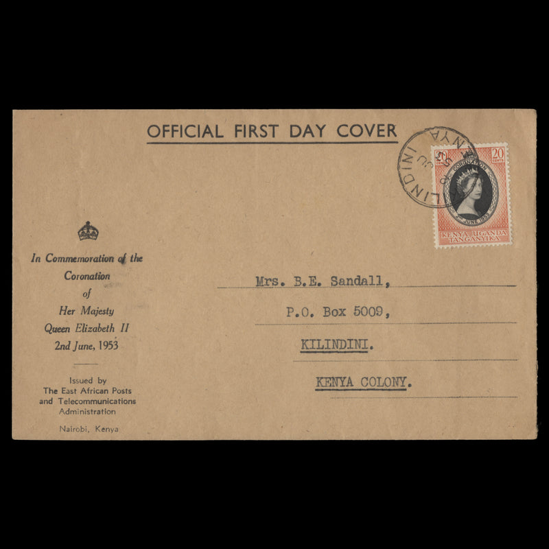 Kenya Uganda Tanganyika 1953 (FDC) 20c Coronation, KILINDINI