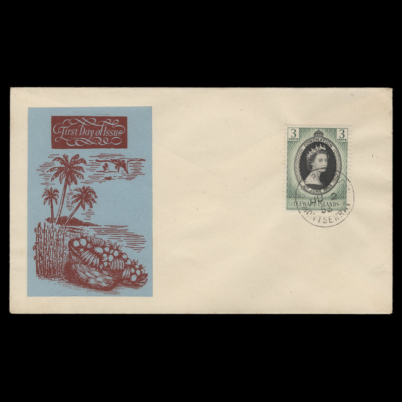 Leeward Islands 1953 (FDC) 3c Coronation, PLYMOUTH