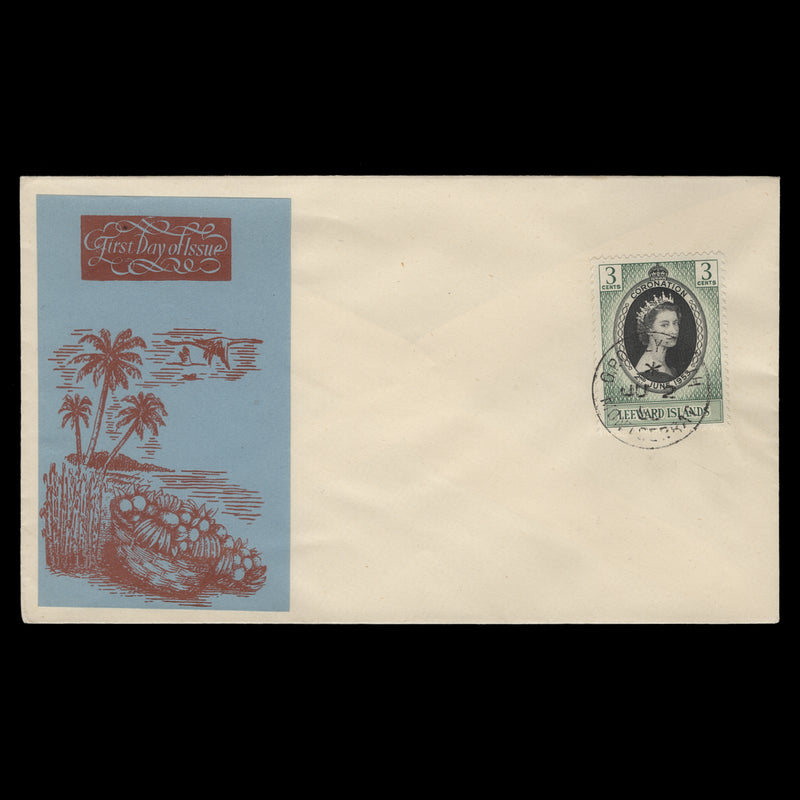 Leeward Islands 1953 (FDC) 3c Coronation, PLYMOUTH