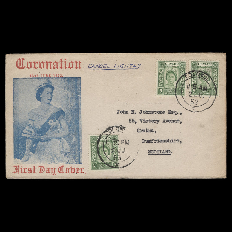Ceylon 1953 (FDC) 5c Coronation singles, COLOMBO